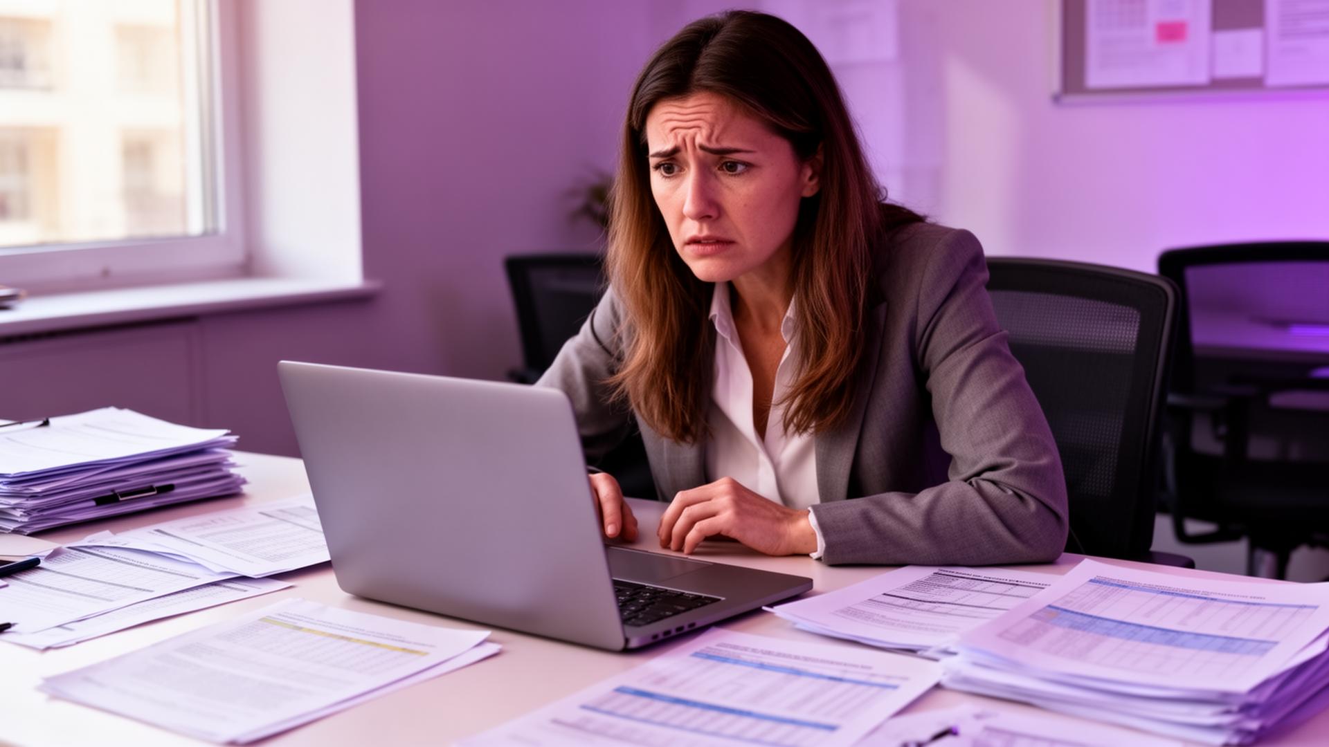 Profissional de RH sobrecarregada com planilhas e relatórios